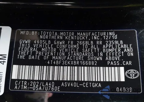 2011 Toyota Camry Xle from USA, damaged, VIN 4T4BF3EKXBR166882